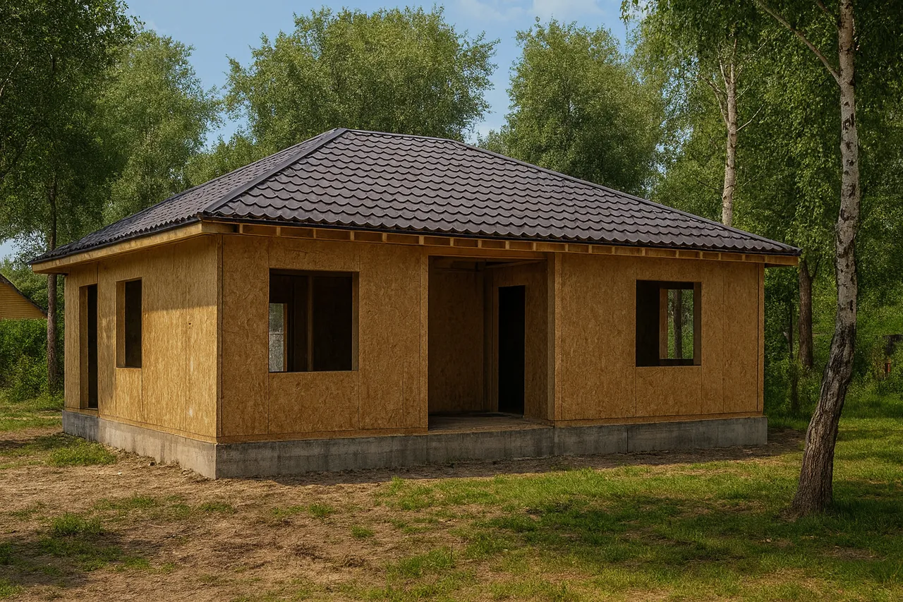Дом «В-95» в черновой отделке: СИП-панели OSB-3, металлочерепица, пустые проёмы без окон и дверей