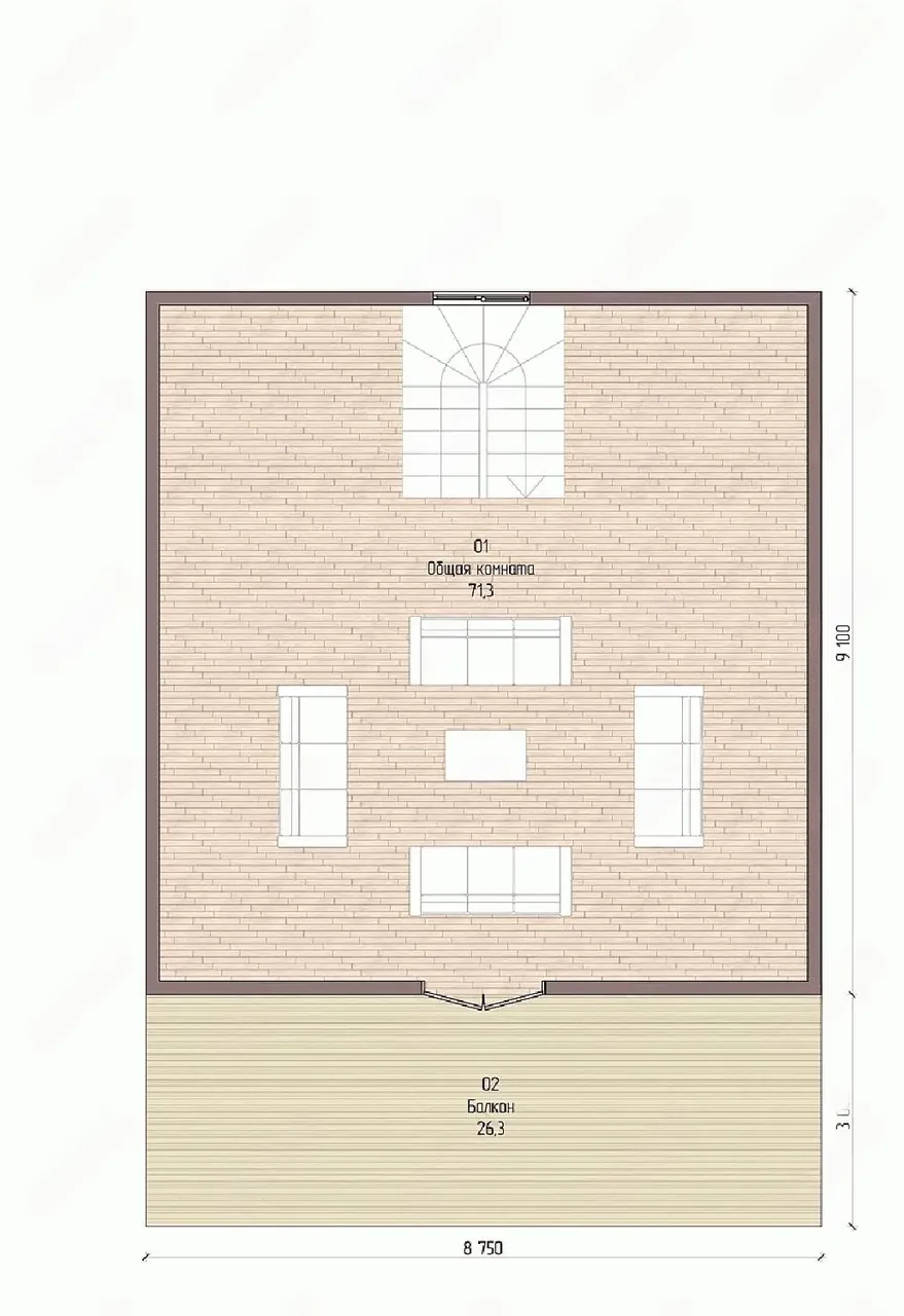 Планировка мансарды: общая комната 71 м² и балкон 26 м²