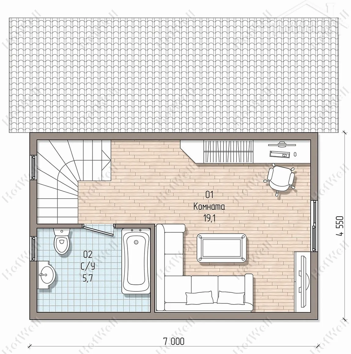 Планировка второго этажа: комната 19 м² с санузлом под скатной крышей