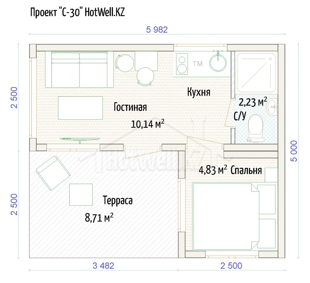 Планировка дома «С-30»: гостиная, кухня, спальня, санузел и терраса, размеры 6×5 м
