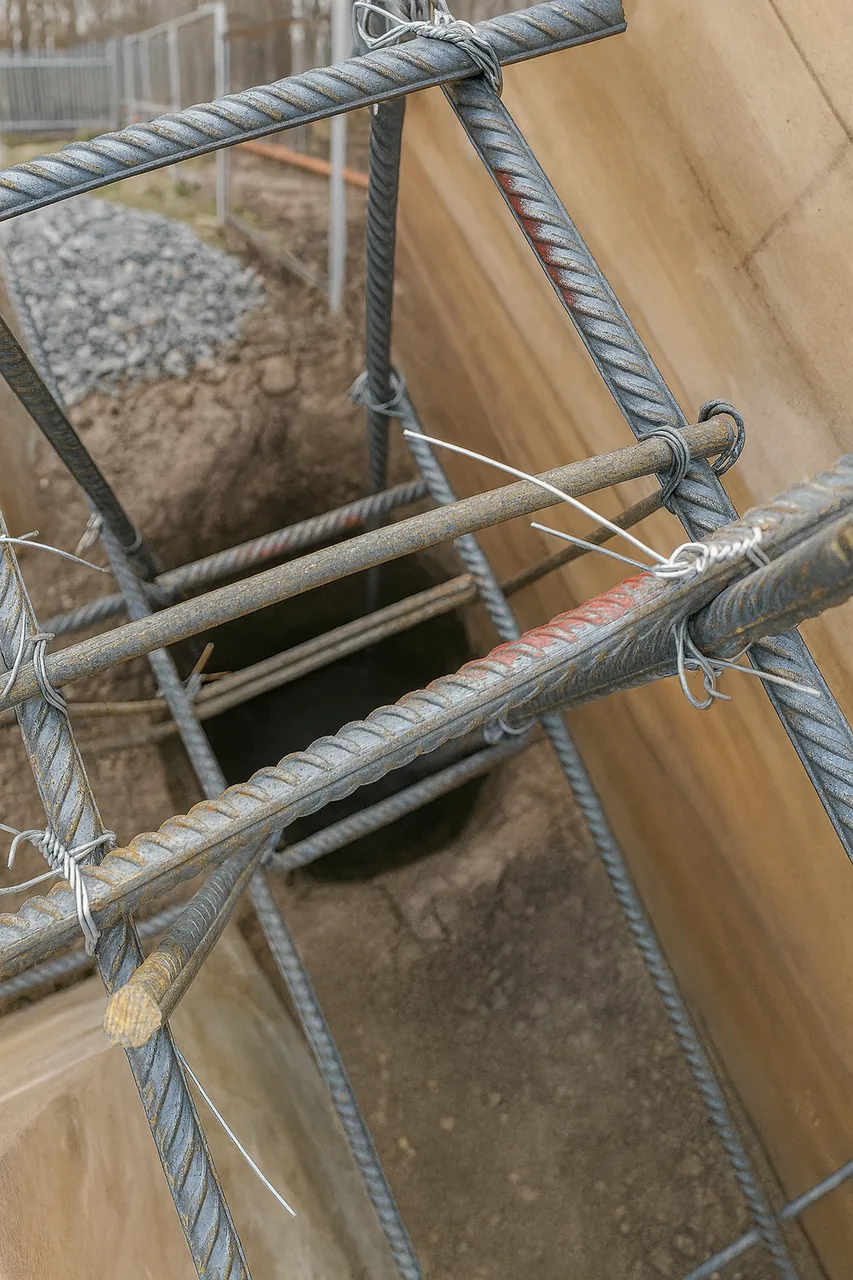 Дом «Азиза», Талгар, 2026: арматурный каркас ленты крупным планом — продольные стержни и хомуты связаны вязальной проволокой