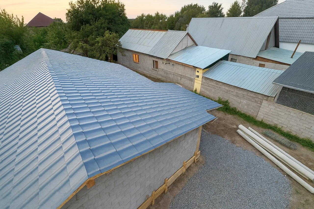 Дом «Марк» 130 м², пос. Алатау, 2026: уложена кровля из металлочерепицы, вид на скат сверху