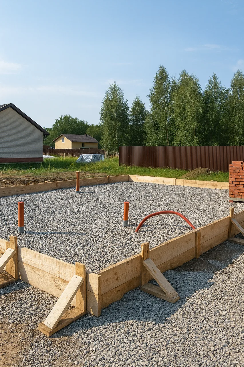 Дом «Пётр» 54 м², Каскелен, 2026: коридор с дверными проёмами, перегородки обшиты гипсокартоном, за ними комнаты со стенами из СИП-панелей
