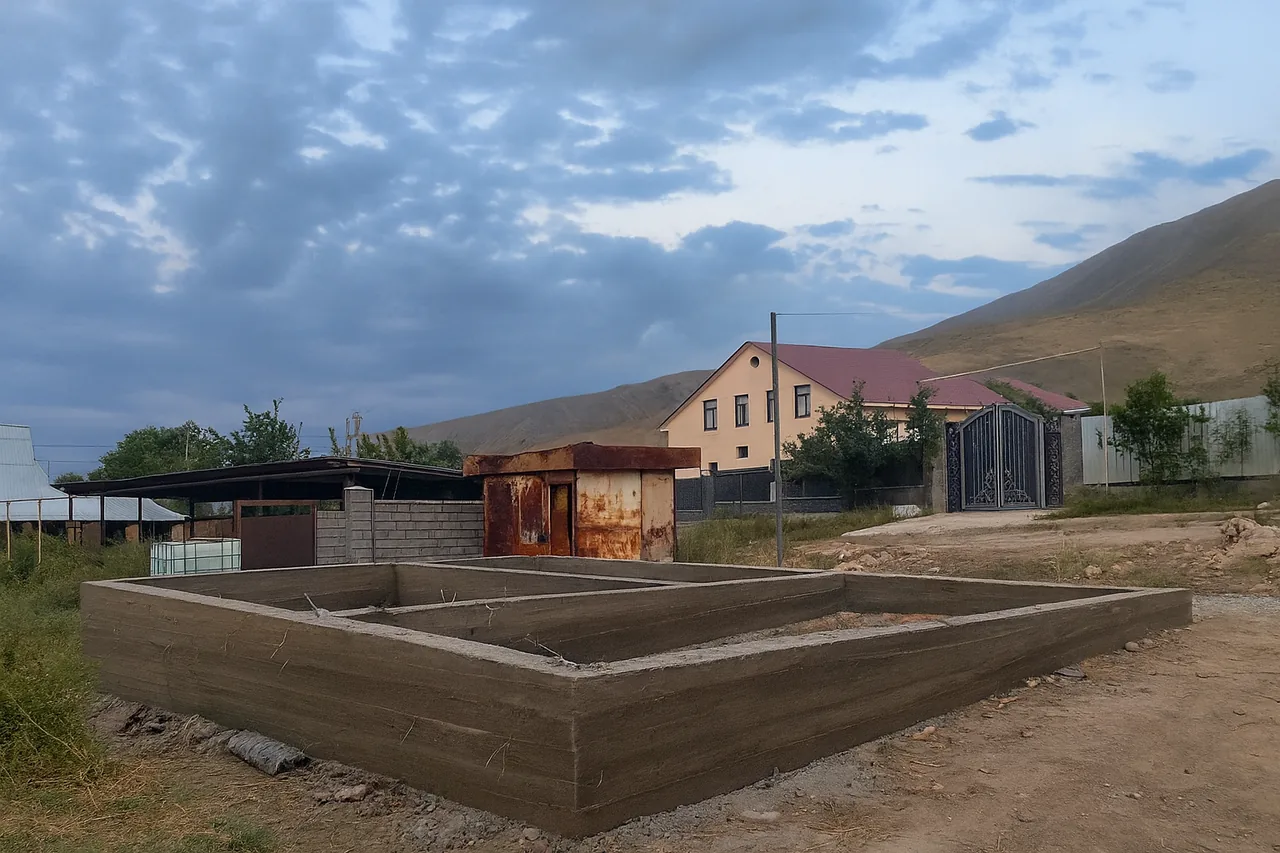 Дом «Пётр» 54 м², Каскелен, 2026: готовый ленточный фундамент на участке, на заднем плане предгорья Заилийского Алатау